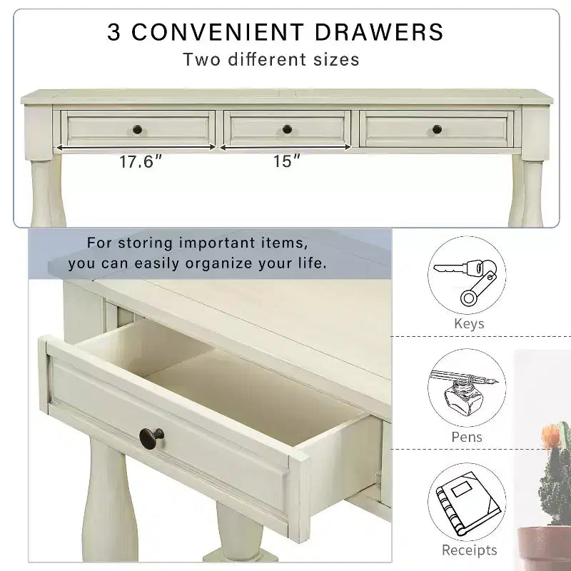 Console étroite et longue avec rangement, table d'entrée rétro en bois avec 3 tiroirs et étagère inférieure, table d'appoint en bois pour salon et couloir