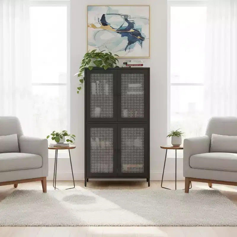 Homy Casa Meuble de Rangement en Métal avec 4 Portes Vitrées, Vitrine Haute avec Étagères Réglables, Noir