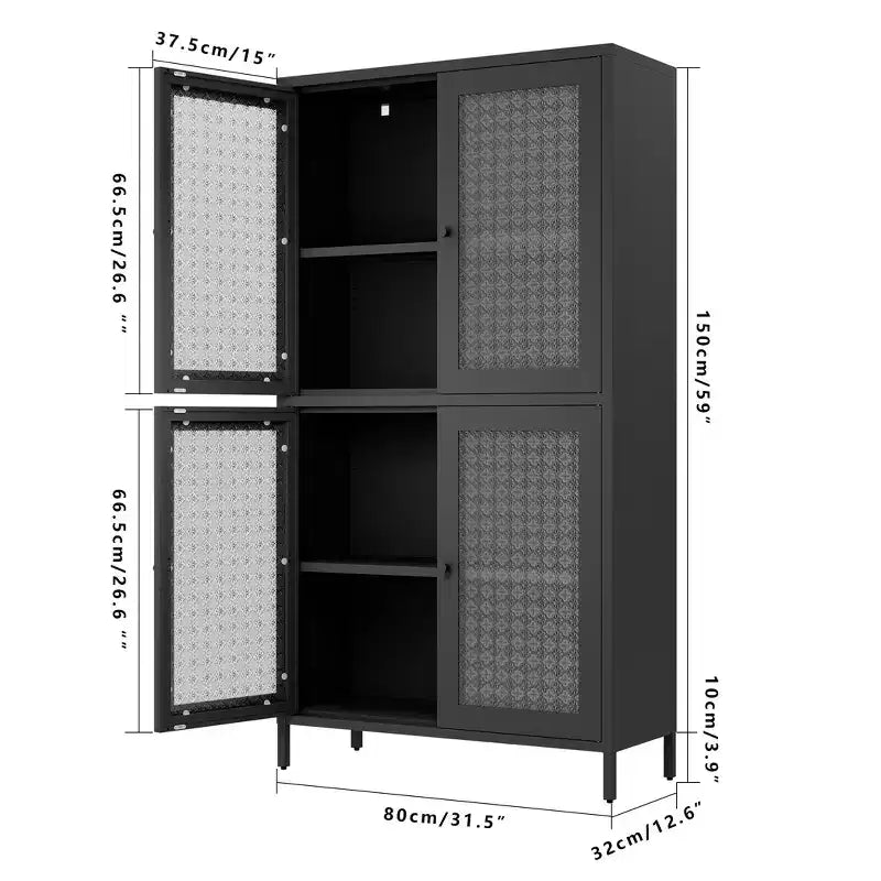 Homy Casa Meuble de Rangement en Métal avec 4 Portes Vitrées, Vitrine Haute avec Étagères Réglables, Noir