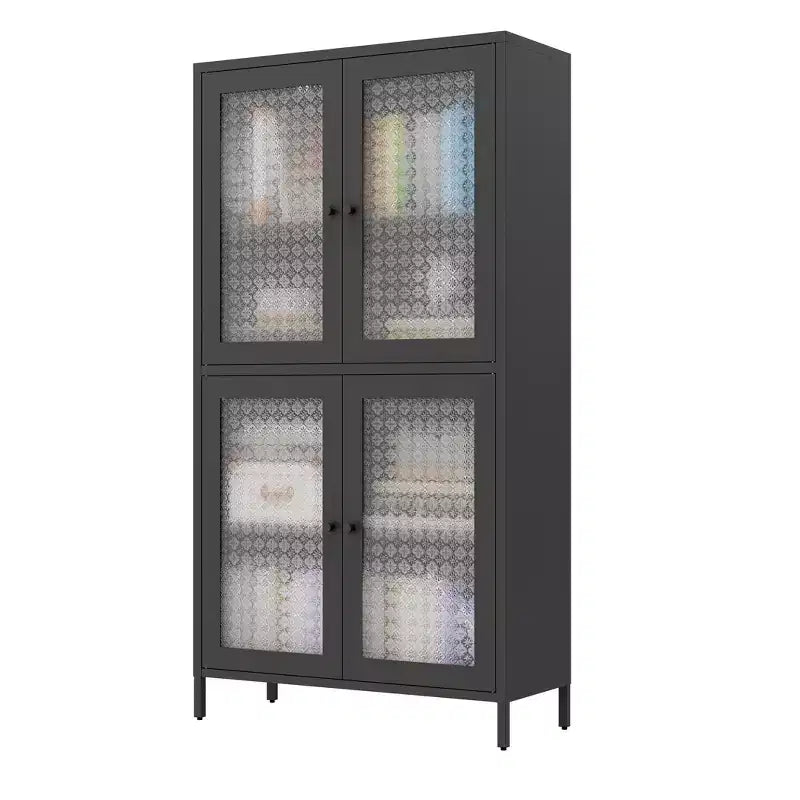 Homy Casa Meuble de Rangement en Métal avec 4 Portes Vitrées, Vitrine Haute avec Étagères Réglables, Noir