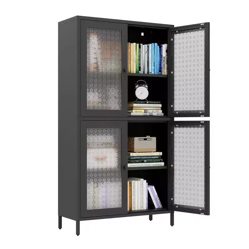 Homy Casa Meuble de Rangement en Métal avec 4 Portes Vitrées, Vitrine Haute avec Étagères Réglables, Noir