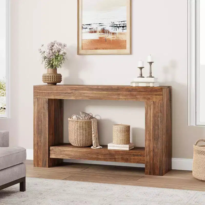 Console de table d'entrée, console de table de ferme en bois pour salon, grande table de canapé à 2 niveaux avec rangement, table d'entrée en bois