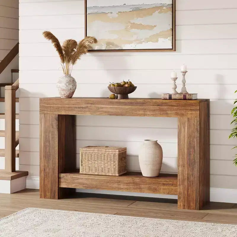 Console de table d'entrée, console de table de ferme en bois pour salon, grande table de canapé à 2 niveaux avec rangement, table d'entrée en bois