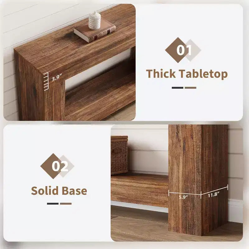 Console de table d'entrée, console de table de ferme en bois pour salon, grande table de canapé à 2 niveaux avec rangement, table d'entrée en bois