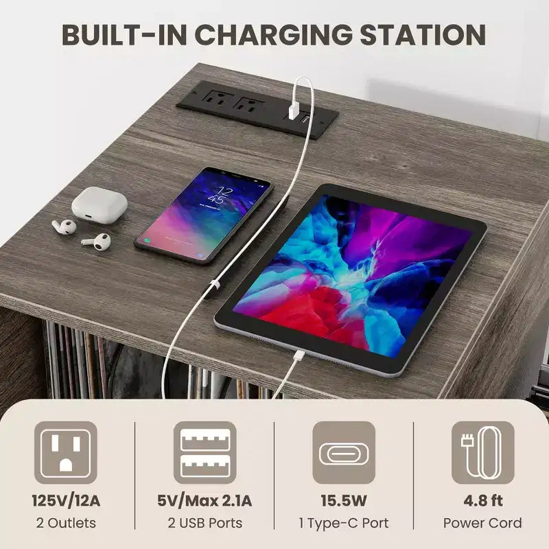 Meuble de support pour tourne-disque Costway avec station de recharge intégrée et pieds en métal