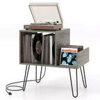 Costway Record Player Stand Turntable Stand w/ Built-in Charging Station Metal Legs