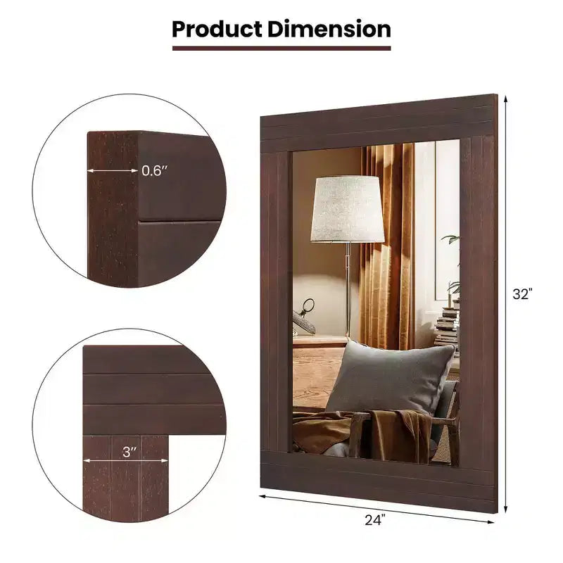 Miroir mural encadré en bois Costway pour salle de bain - Décoration murale rustique de style bohème ou ferme