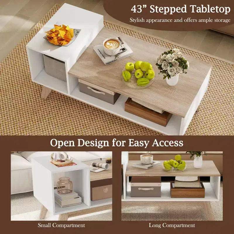 Table basse Costway 43 avec plateau étagé et compartiments de rangement