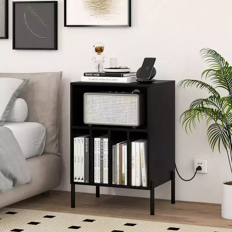 Meuble pour Platine Vinyle Costway avec Station de Charge 5 Compartiments de Rangement Kits Anti-basculement