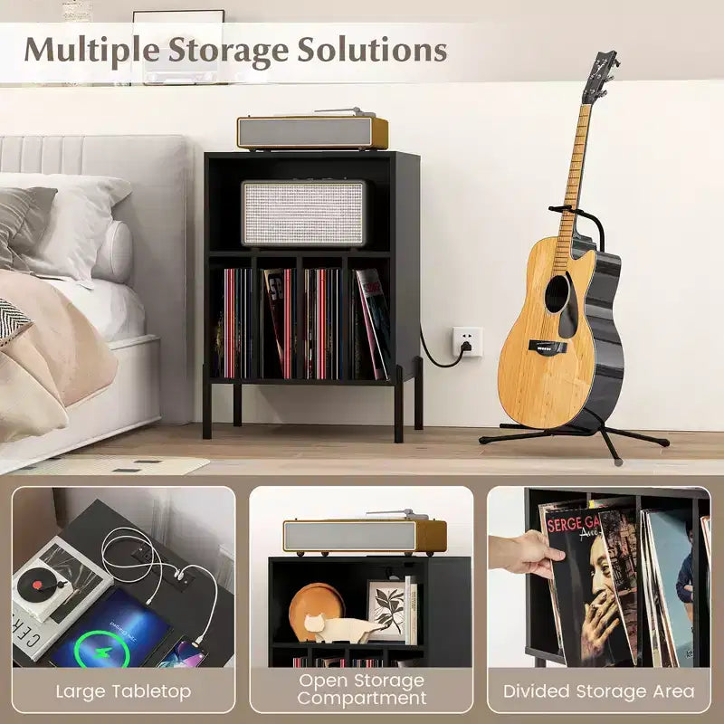 Meuble pour Platine Vinyle Costway avec Station de Charge 5 Compartiments de Rangement Kits Anti-basculement