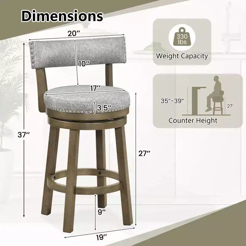Costway Lot de 2 tabourets de bar pivotants rembourrés Chaises de cuisine en bois hauteur comptoir Gris