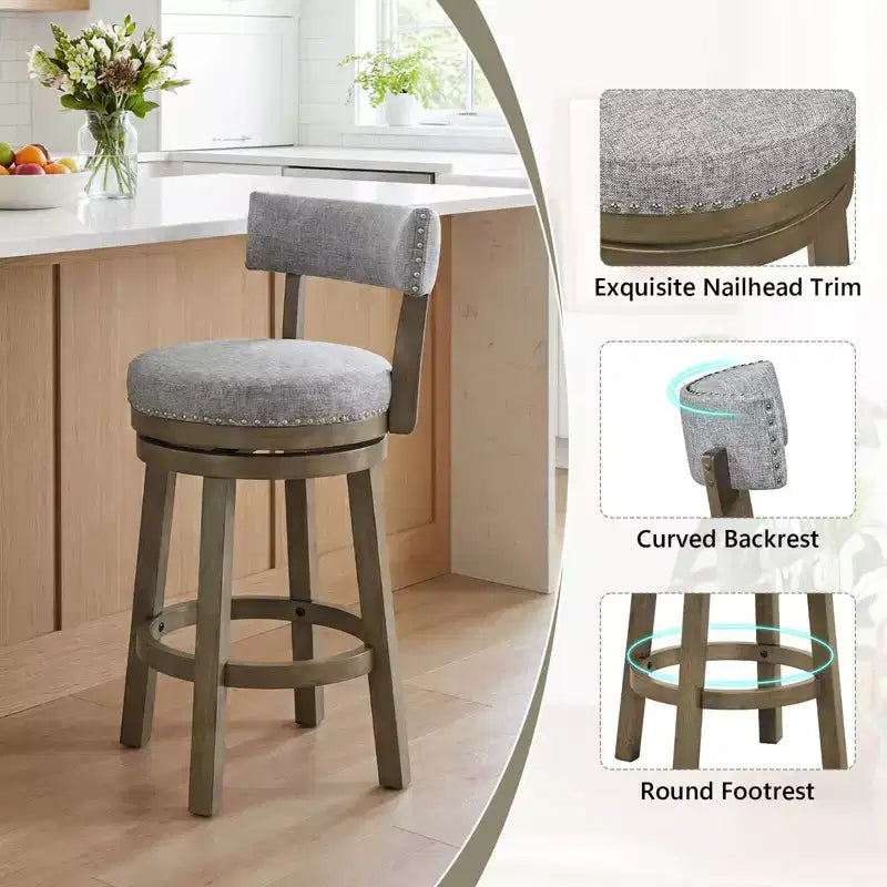 Costway Lot de 2 tabourets de bar pivotants rembourrés Chaises de cuisine en bois hauteur comptoir Gris