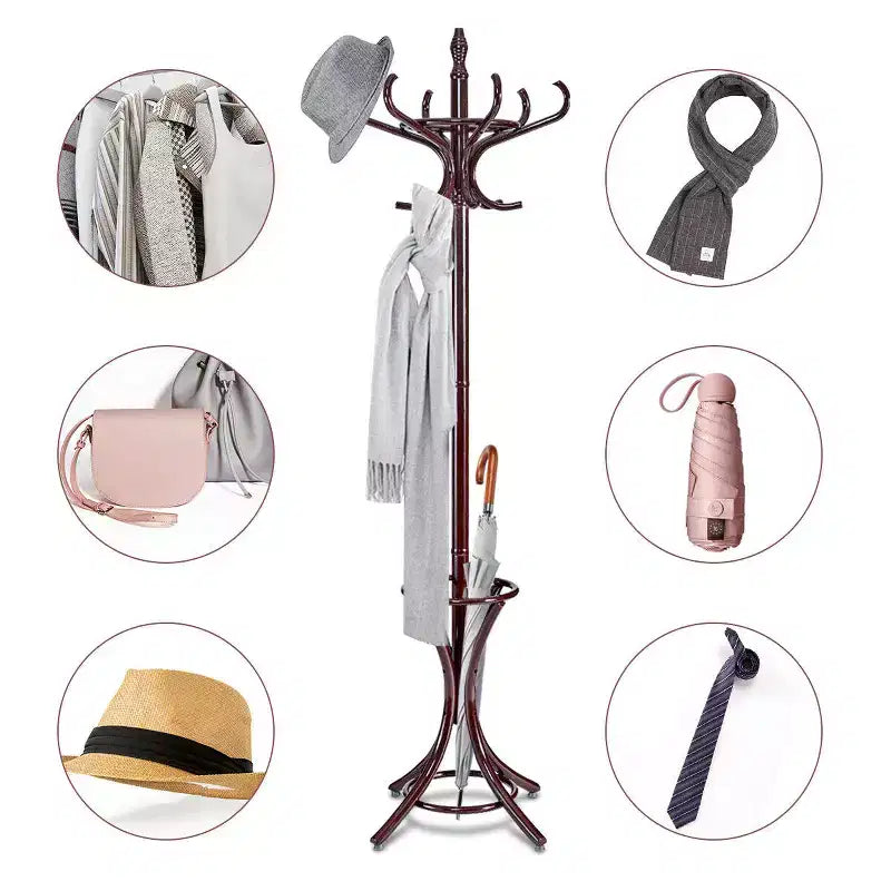 Portemanteau sur pied en bois Costway, support pour chapeaux, manteaux, vestes, sacs, 12 crochets, marron rougeâtre avec porte-parapluies
