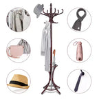 Portemanteau sur pied en bois Costway, support pour chapeaux, manteaux, vestes, sacs, 12 crochets, marron rougeâtre avec porte-parapluies