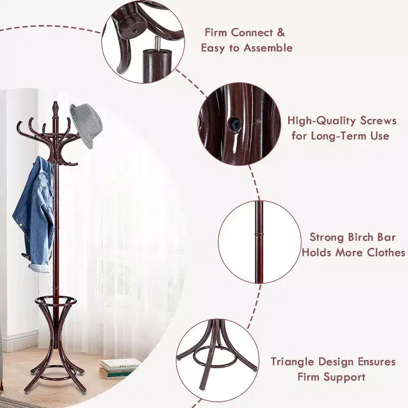 Portemanteau sur pied en bois Costway, support pour chapeaux, manteaux, vestes, sacs, 12 crochets, marron rougeâtre avec porte-parapluies