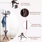 Portemanteau sur pied en bois Costway, support pour chapeaux, manteaux, vestes, sacs, 12 crochets, marron rougeâtre avec porte-parapluies