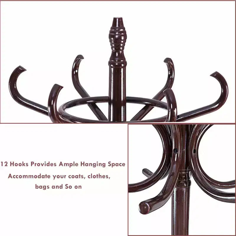 Portemanteau sur pied en bois Costway, support pour chapeaux, manteaux, vestes, sacs, 12 crochets, marron rougeâtre avec porte-parapluies