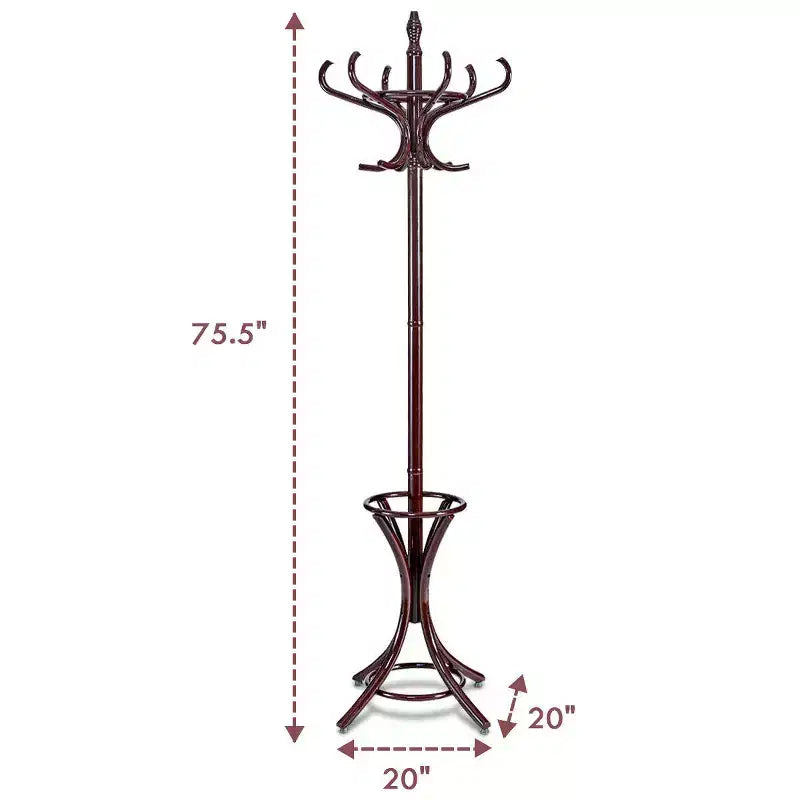 Portemanteau sur pied en bois Costway, support pour chapeaux, manteaux, vestes, sacs, 12 crochets, marron rougeâtre avec porte-parapluies