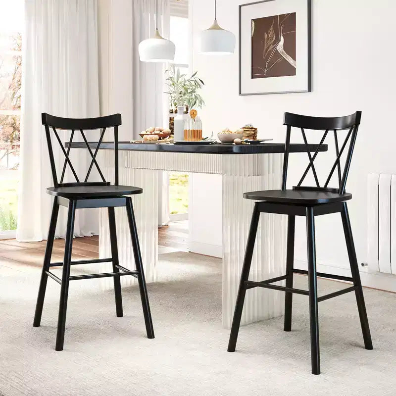 Costway Lot de 2 tabourets de bar Windsor 73,7 cm pivotants en bois d'hévéa chaises de salle à manger assise spacieuse Noir