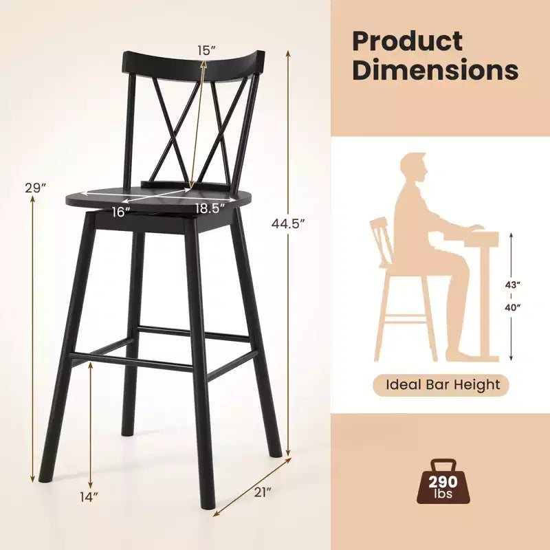 Costway Windsor Lot de 4 Tabourets de Bar 74 cm Pivotants Chaises de Salle à Manger en Bois de Caoutchouc Siège Spacieux Noir