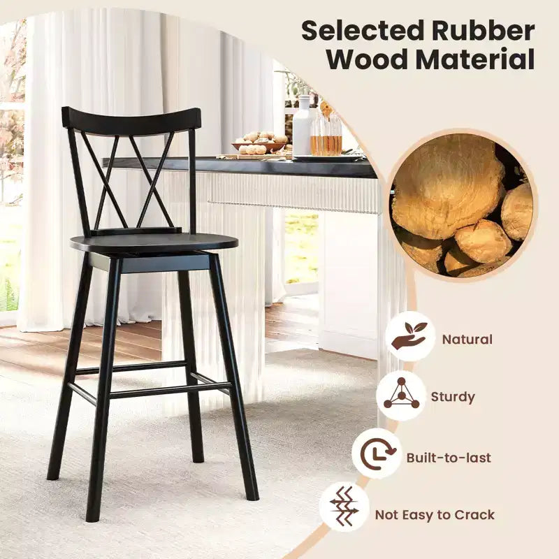 Costway Windsor Lot de 4 Tabourets de Bar 74 cm Pivotants Chaises de Salle à Manger en Bois de Caoutchouc Siège Spacieux Noir