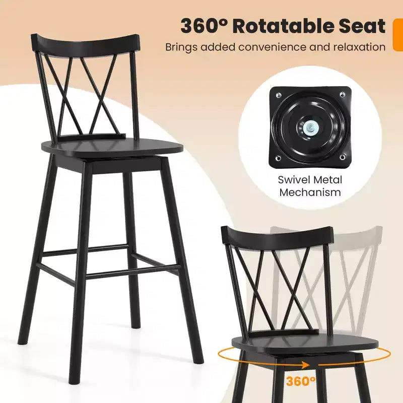 Costway Windsor Lot de 4 Tabourets de Bar 74 cm Pivotants Chaises de Salle à Manger en Bois de Caoutchouc Siège Spacieux Noir