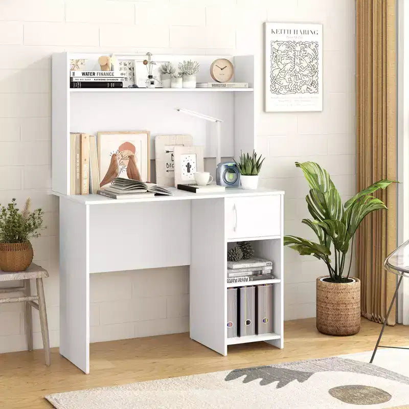 Bureau informatique Costway pour bureau à domicile avec étagère surélevée et 2 étagères ouvertes