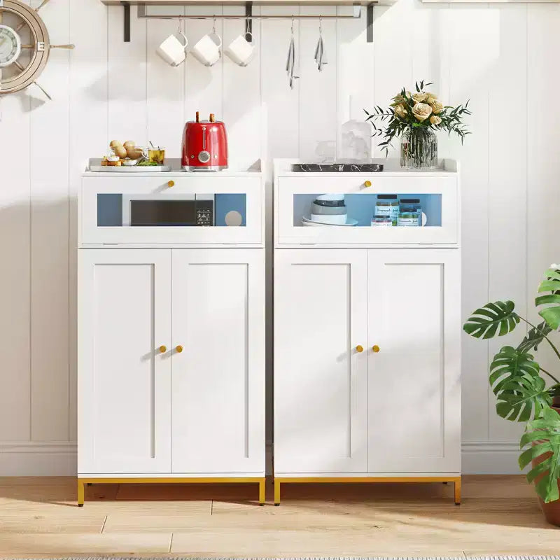 Meuble de cuisine Costway avec prise de courant et lumières LED contrôlées par application, porte basculante en acrylique
