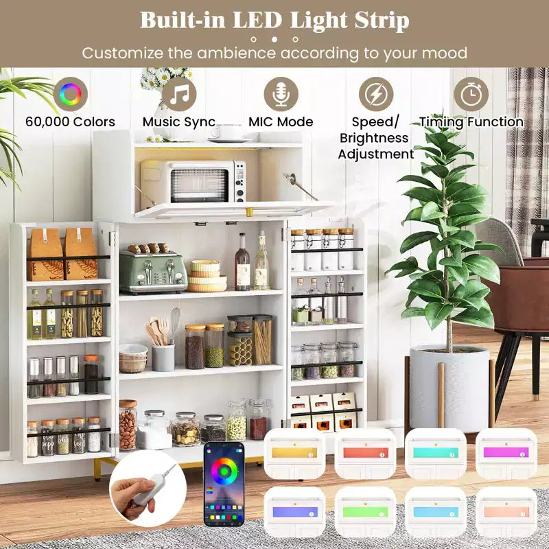 Meuble de cuisine Costway avec prise de courant et lumières LED contrôlées par application, porte basculante en acrylique