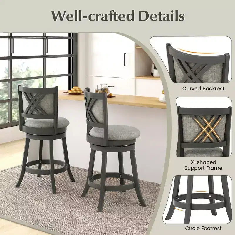Lot de 2 tabourets de bar pivotants Costway avec dossier et siège rembourrés, cadre en bois robuste