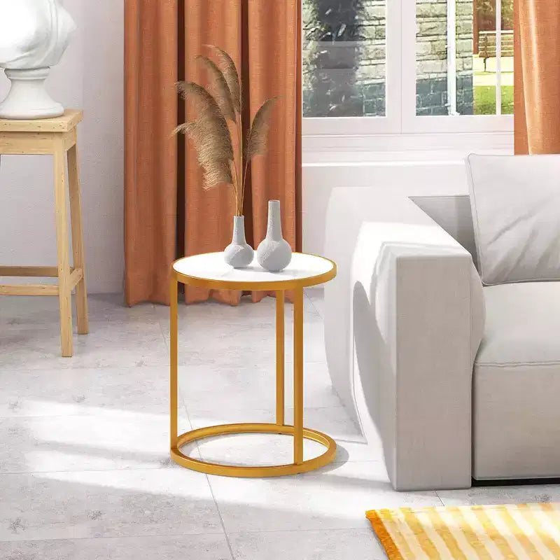 Costway Lot de 2 Tables d'Appoint Rondes en Marbre 40x40 cm avec Structure Métallique Dorée