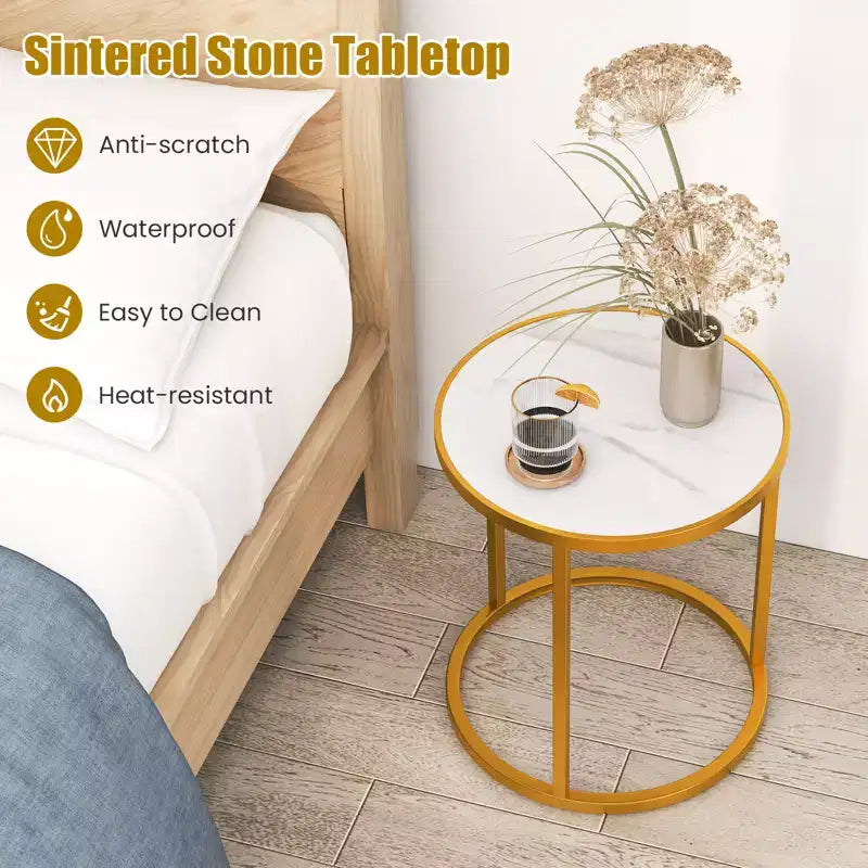 Costway Lot de 2 Tables d'Appoint Rondes en Marbre 40x40 cm avec Structure Métallique Dorée