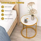 Costway Lot de 2 Tables d'Appoint Rondes en Marbre 40x40 cm avec Structure Métallique Dorée