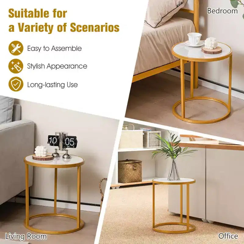 Costway Lot de 2 Tables d'Appoint Rondes en Marbre 40x40 cm avec Structure Métallique Dorée