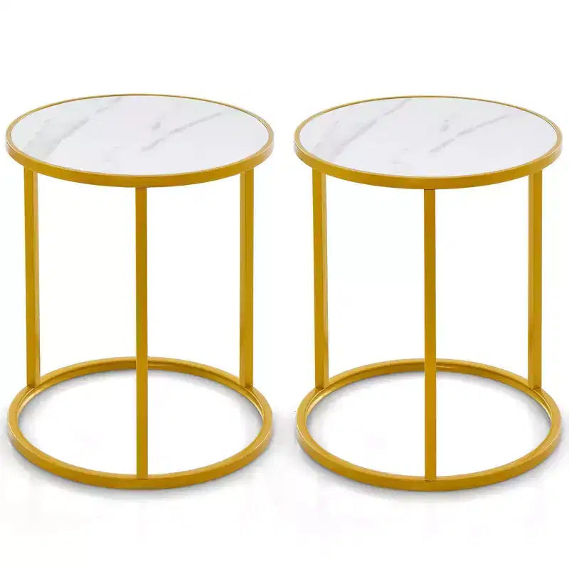 Costway Lot de 2 Tables d'Appoint Rondes en Marbre 40x40 cm avec Structure Métallique Dorée