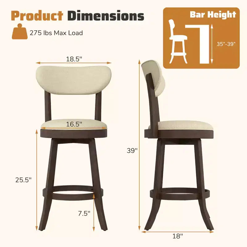 Lot de 4 chaises de comptoir Costway de 64,7 cm avec siège et dossier rembourrés en bois d'hévéa