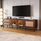 Rattan TV Stand with LED Light for 80 inch TV, Wood TV Storage Cabinet with Glass Doors and 2 Drawer, Media Console with Solid Wood Legs, Dark Brown