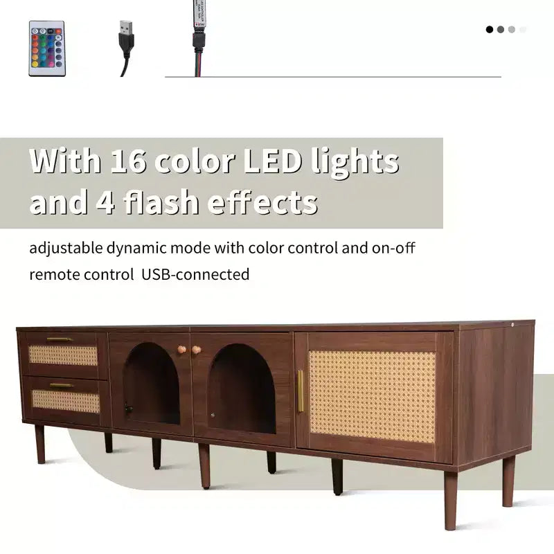 Meuble TV en rotin avec lumière LED pour téléviseur de 80 pouces, meuble de rangement TV en bois avec portes en verre et 2 tiroirs, console média avec pieds en bois massif, marron foncé