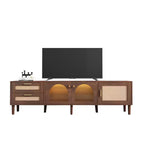Meuble TV en rotin avec lumière LED pour téléviseur de 80 pouces, meuble de rangement TV en bois avec portes en verre et 2 tiroirs, console média avec pieds en bois massif, marron foncé