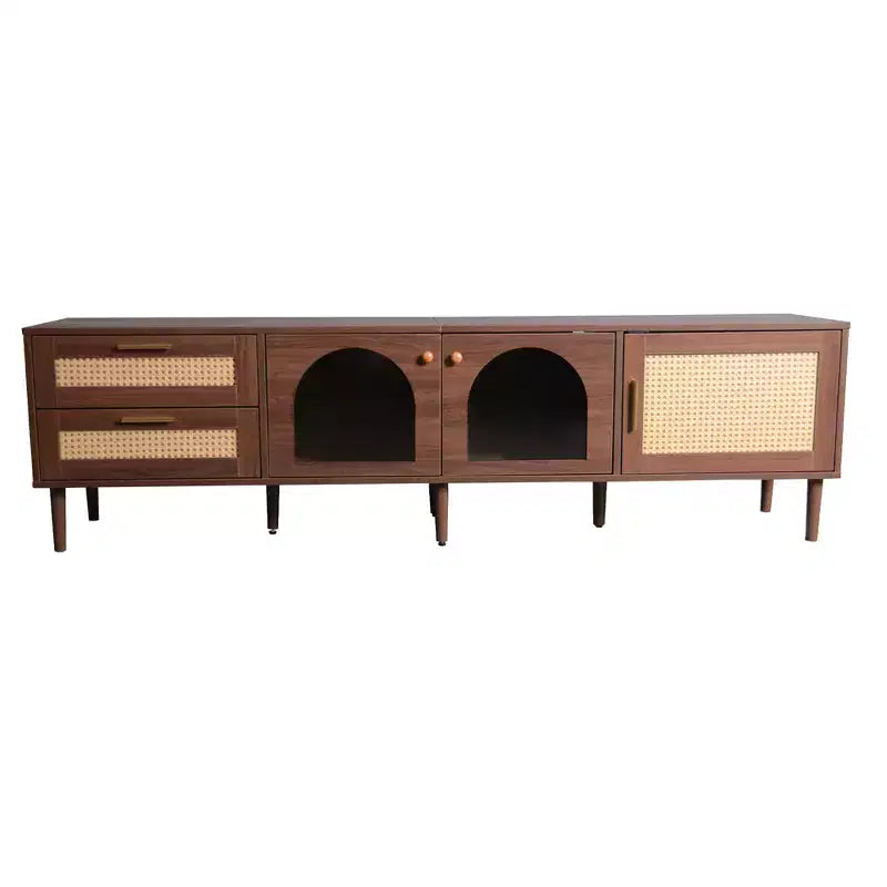 Meuble TV en rotin avec lumière LED pour téléviseur de 80 pouces, meuble de rangement TV en bois avec portes en verre et 2 tiroirs, console média avec pieds en bois massif, marron foncé