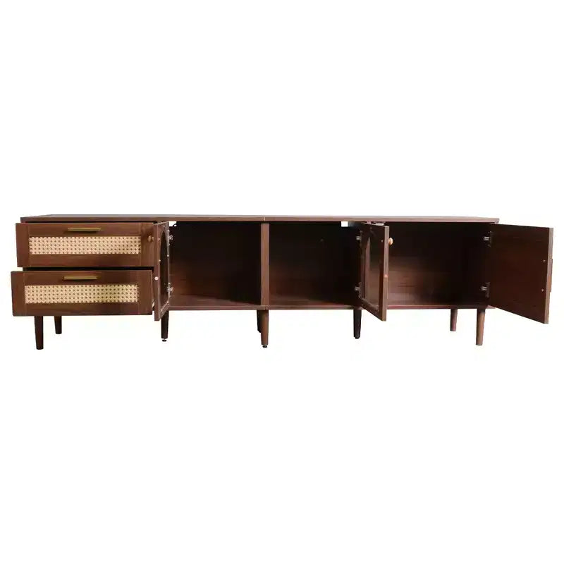 Meuble TV en rotin avec lumière LED pour téléviseur de 80 pouces, meuble de rangement TV en bois avec portes en verre et 2 tiroirs, console média avec pieds en bois massif, marron foncé