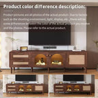 Meuble TV en rotin avec lumière LED pour téléviseur de 80 pouces, meuble de rangement TV en bois avec portes en verre et 2 tiroirs, console média avec pieds en bois massif, marron foncé