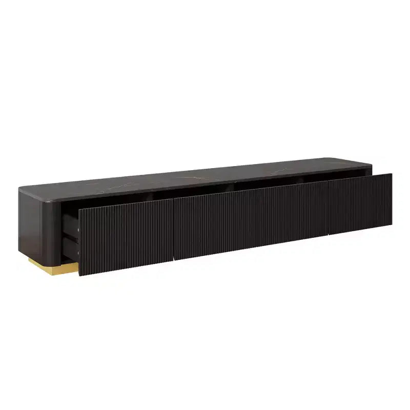 Meuble TV cannelé pour téléviseur de 85 pouces avec base dorée, meuble multimédia moderne avec 4 tiroirs, centre de divertissement avec profil incurvé
