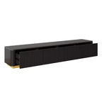 Meuble TV cannelé pour téléviseur de 85 pouces avec base dorée, meuble multimédia moderne avec 4 tiroirs, centre de divertissement avec profil incurvé
