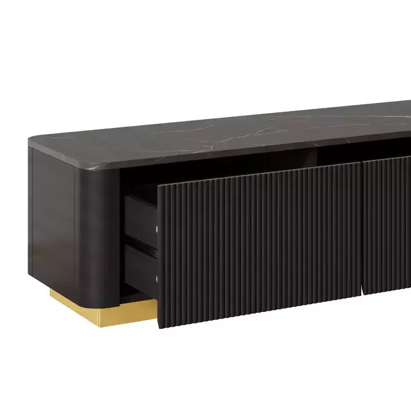 Meuble TV cannelé pour téléviseur de 85 pouces avec base dorée, meuble multimédia moderne avec 4 tiroirs, centre de divertissement avec profil incurvé