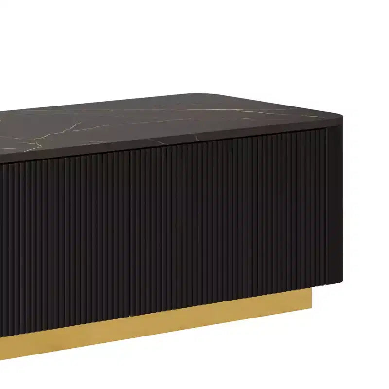 Meuble TV cannelé pour téléviseur de 85 pouces avec base dorée, meuble multimédia moderne avec 4 tiroirs, centre de divertissement avec profil incurvé