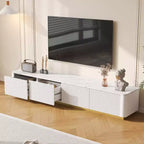 Meuble TV cannelé pour téléviseur de 85 pouces avec base dorée, meuble multimédia moderne avec 4 tiroirs, centre de divertissement avec profil incurvé