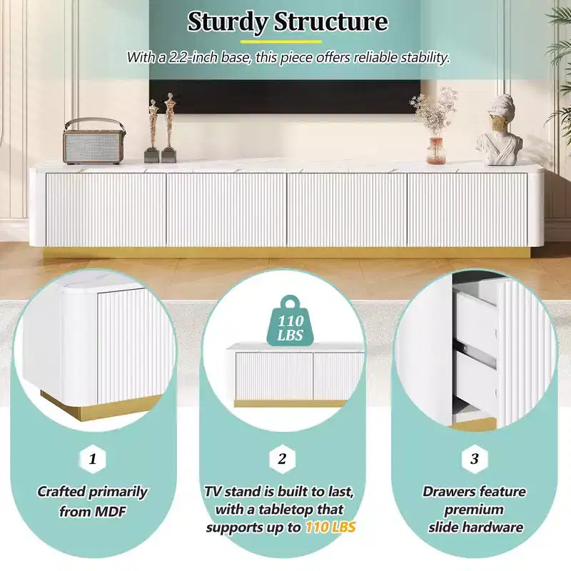 Meuble TV cannelé pour téléviseur de 85 pouces avec base dorée, meuble multimédia moderne avec 4 tiroirs, centre de divertissement avec profil incurvé