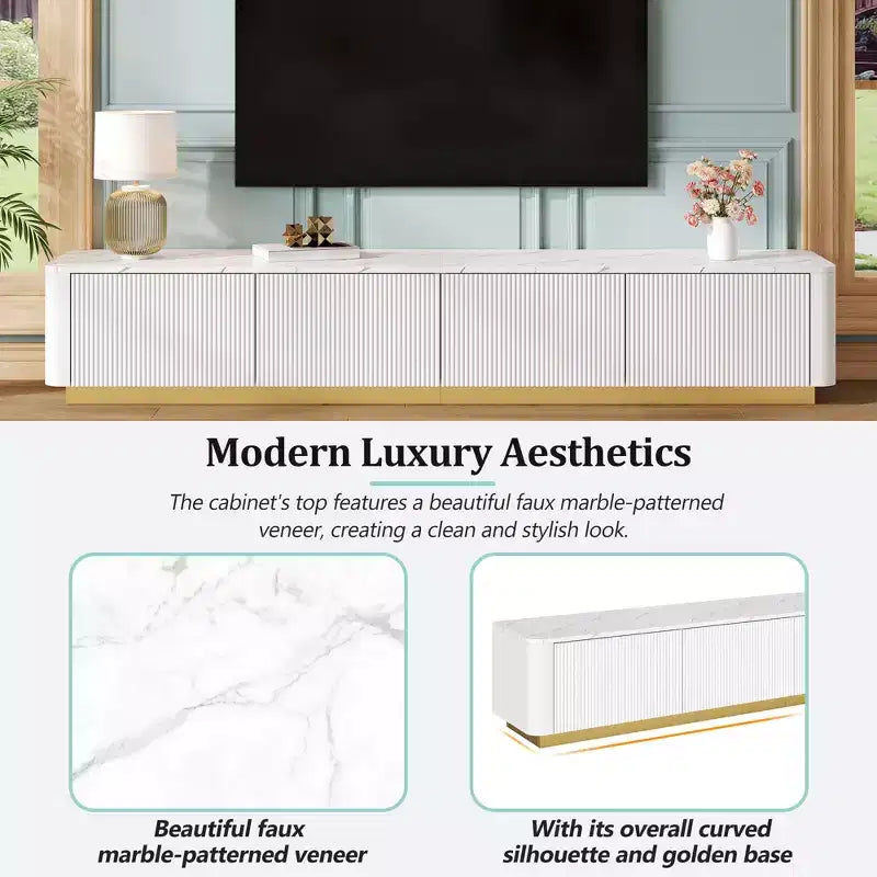 Meuble TV cannelé pour téléviseur de 85 pouces avec base dorée, meuble multimédia moderne avec 4 tiroirs, centre de divertissement avec profil incurvé