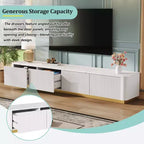 Meuble TV cannelé pour téléviseur de 85 pouces avec base dorée, meuble multimédia moderne avec 4 tiroirs, centre de divertissement avec profil incurvé